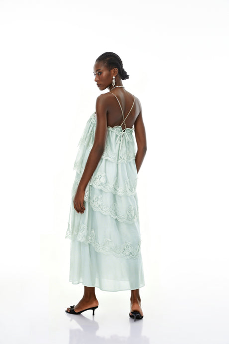 Aurohaya Rhema Mint Green Tiered Maxi Dress with Lace Trim