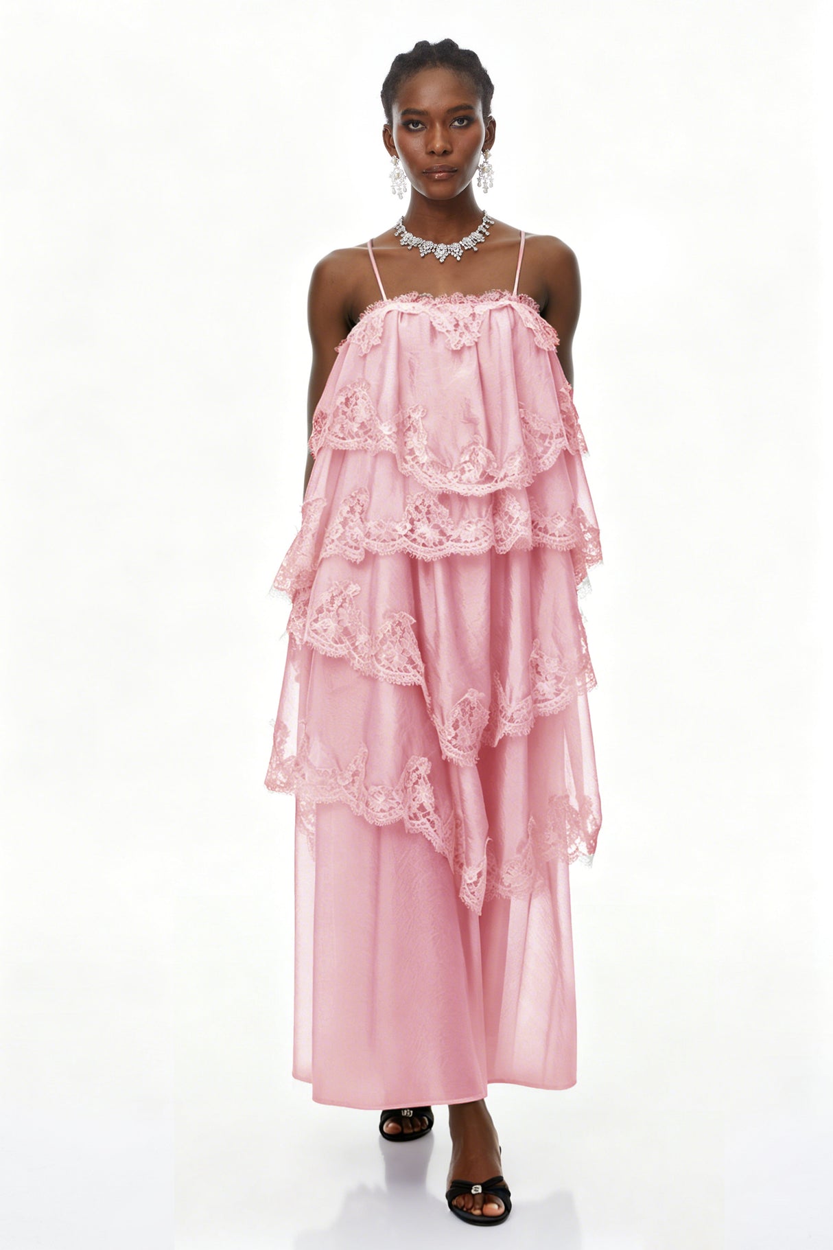 Aurohaya Rhema Pink Tiered Maxi Dress with Lace Trim