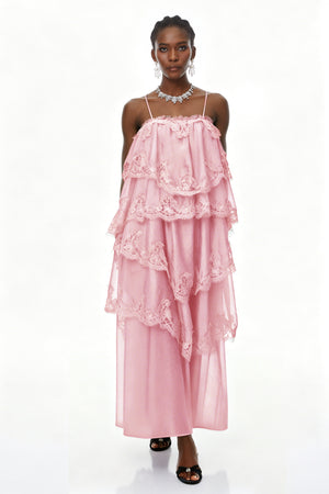 Aurohaya Rhema Pink Tiered Maxi Dress with Lace Trim