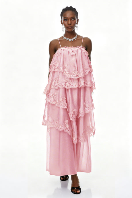 Aurohaya Rhema Pink Tiered Maxi Dress with Lace Trim