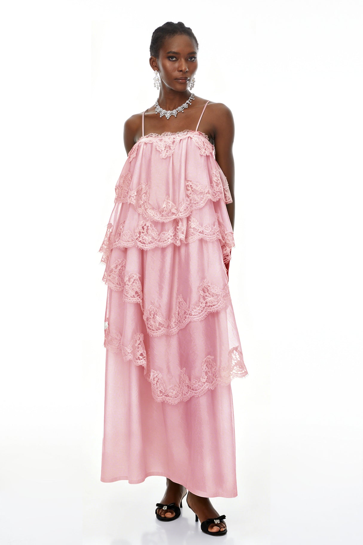 Aurohaya Rhema Pink Tiered Maxi Dress with Lace Trim