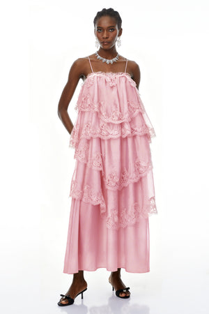 Aurohaya Rhema Pink Tiered Maxi Dress with Lace Trim