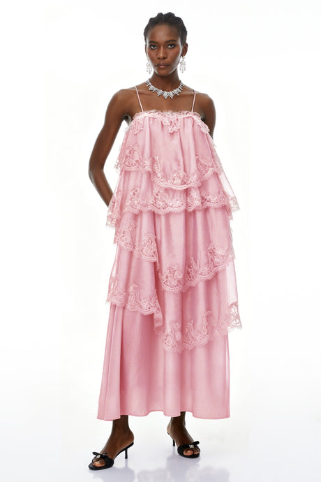 Aurohaya Rhema Pink Tiered Maxi Dress with Lace Trim