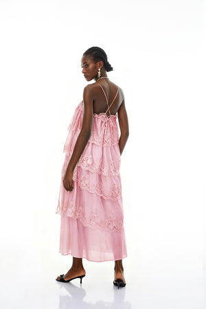 Aurohaya Rhema Pink Tiered Maxi Dress with Lace Trim