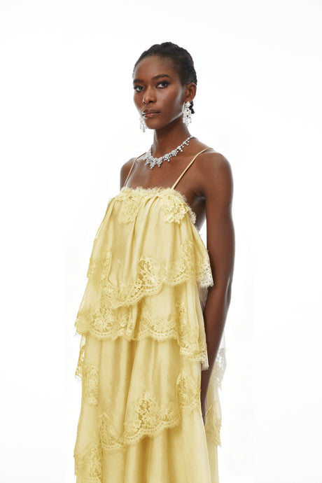 Aurohaya Rhema Yellow Tiered Maxi Dress with Lace Trim