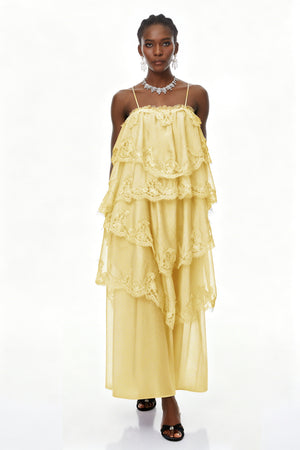 Aurohaya Rhema Yellow Tiered Maxi Dress with Lace Trim