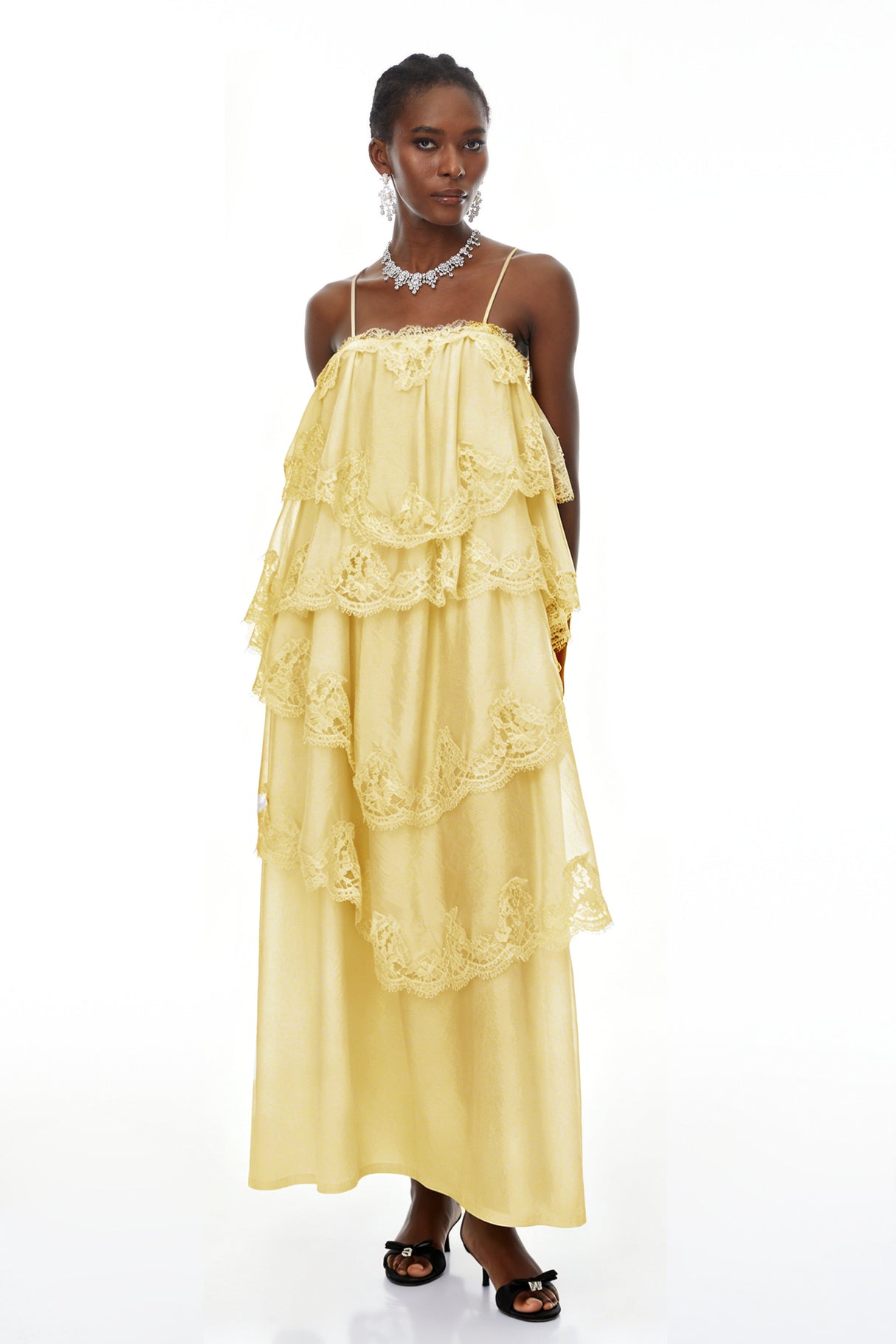 Aurohaya Rhema Yellow Tiered Maxi Dress with Lace Trim