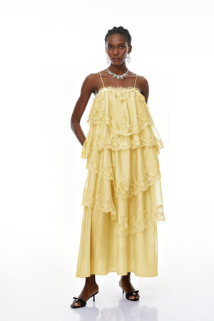 Aurohaya Rhema Yellow Tiered Maxi Dress with Lace Trim