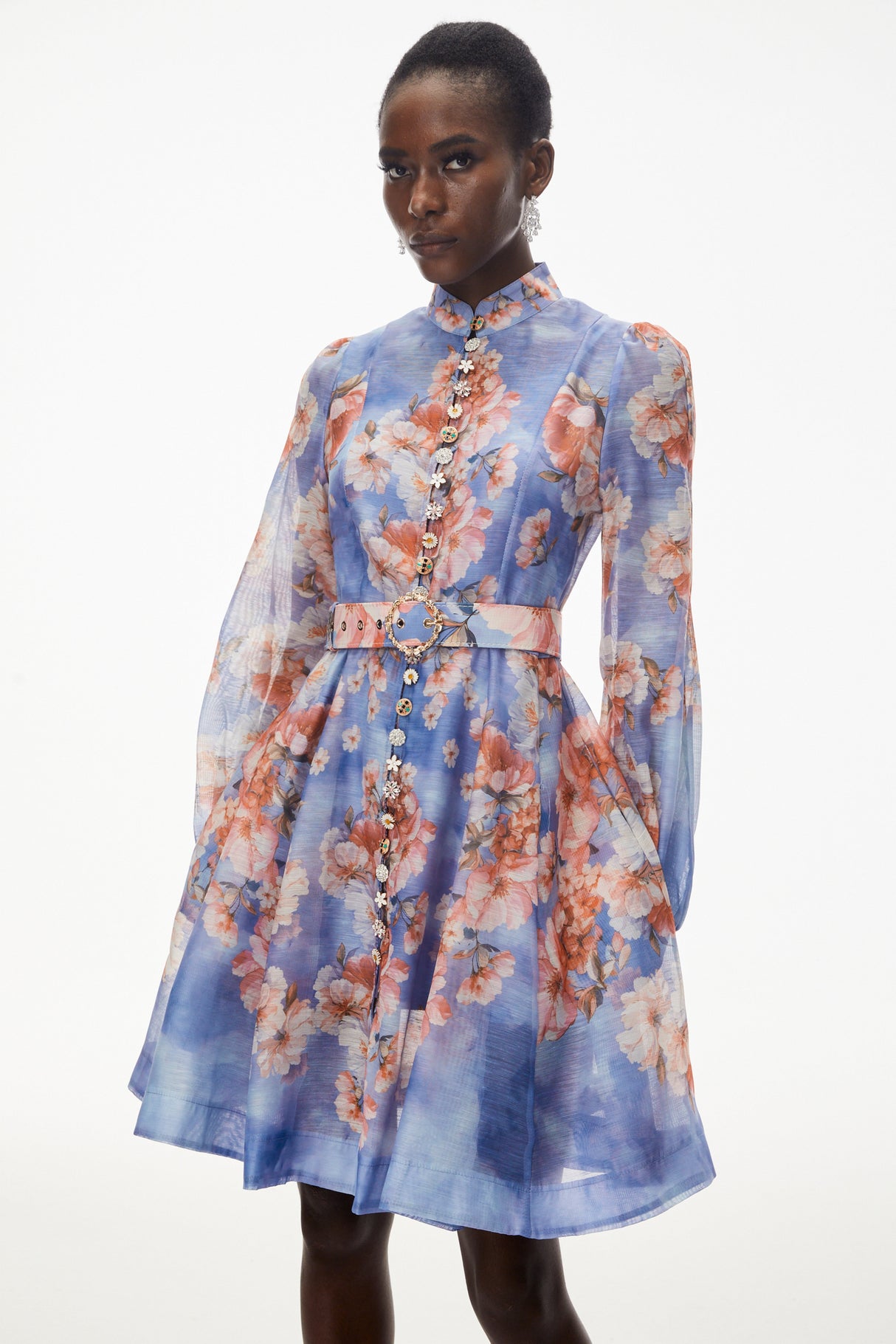 Aurohaya Rhode Dusty Blue Floral Print Mini Dress with Belt