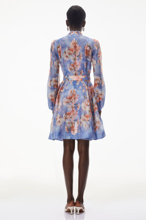 Aurohaya Rhode Dusty Blue Floral Print Mini Dress with Belt