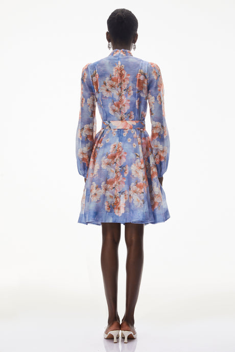 Aurohaya Rhode Dusty Blue Floral Print Mini Dress with Belt