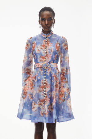 Aurohaya Rhode Dusty Blue Floral Print Mini Dress with Belt