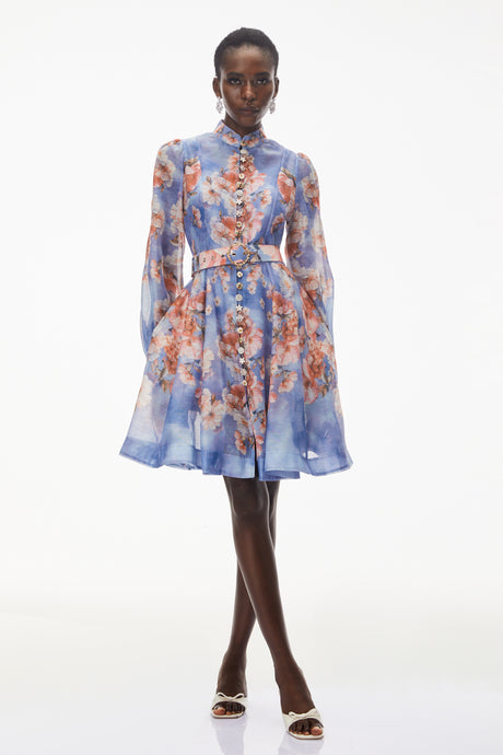 Aurohaya Rhode Dusty Blue Floral Print Mini Dress with Belt