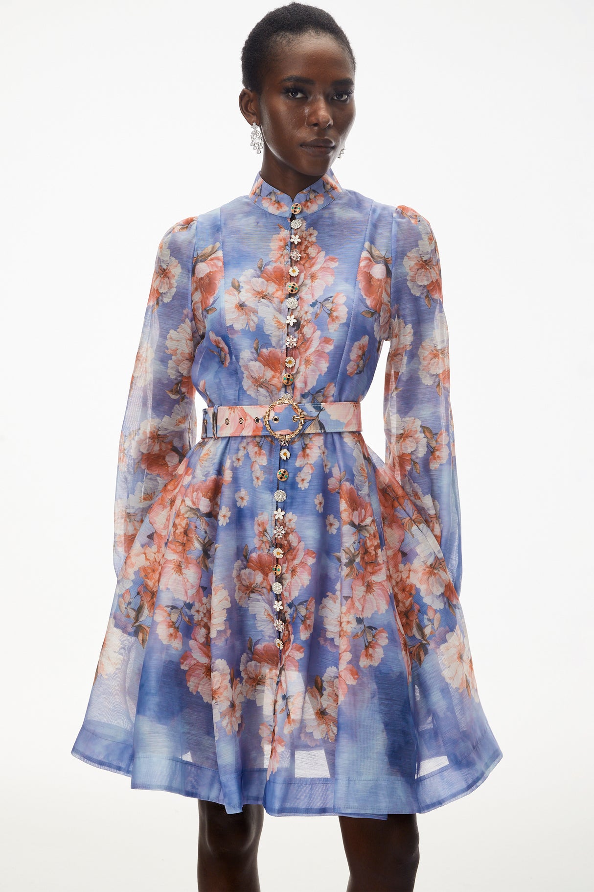 Aurohaya Rhode Dusty Blue Floral Print Mini Dress with Belt