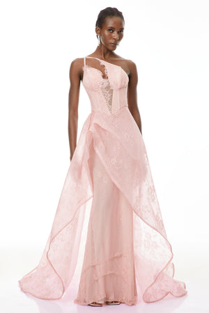 Aurohaya Ricarda Pink One Shoulder Lace Maxi Dress