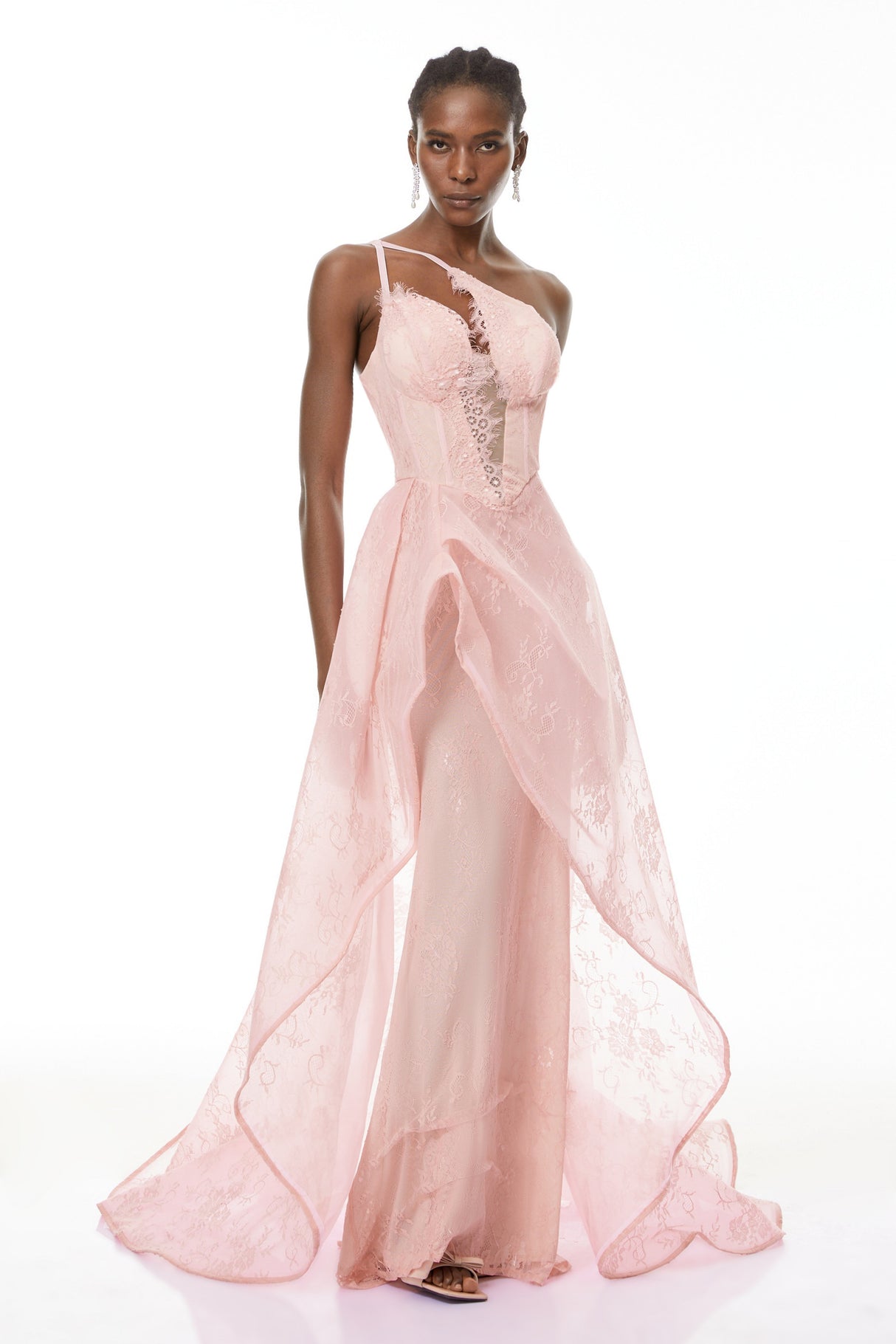 Aurohaya Ricarda Pink One Shoulder Lace Maxi Dress