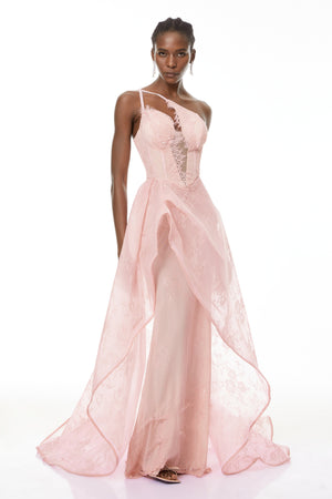 Aurohaya Ricarda Pink One Shoulder Lace Maxi Dress