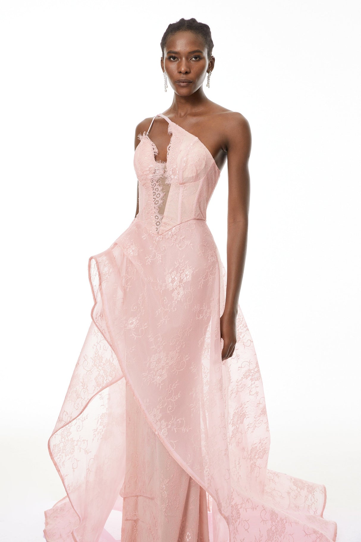 Aurohaya Ricarda Pink One Shoulder Lace Maxi Dress