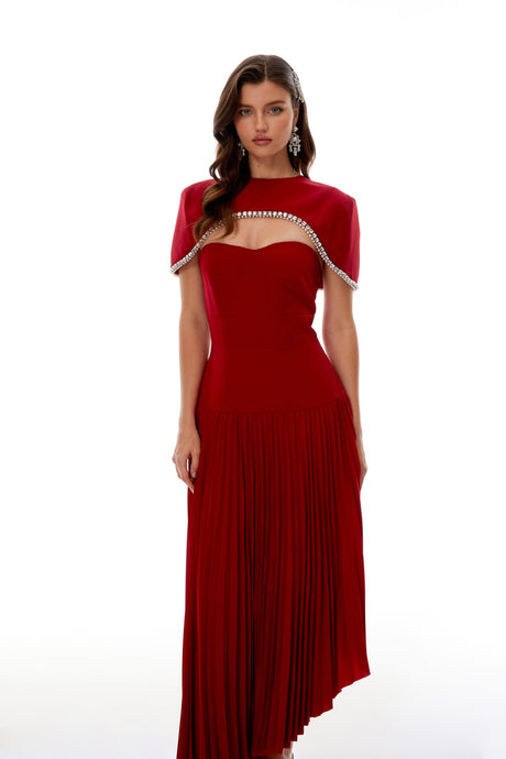 Aurohaya Roberta Red Pleated Dress & Cape Set