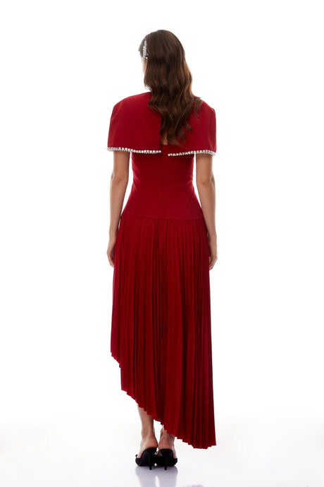 Aurohaya Roberta Red Pleated Dress & Cape Set