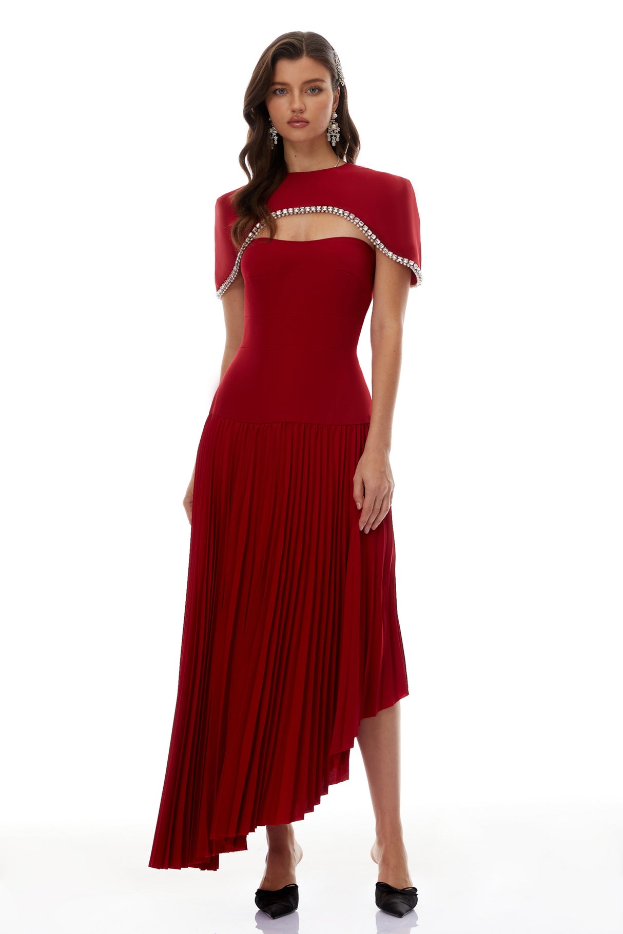 Aurohaya Roberta Red Pleated Dress & Cape Set