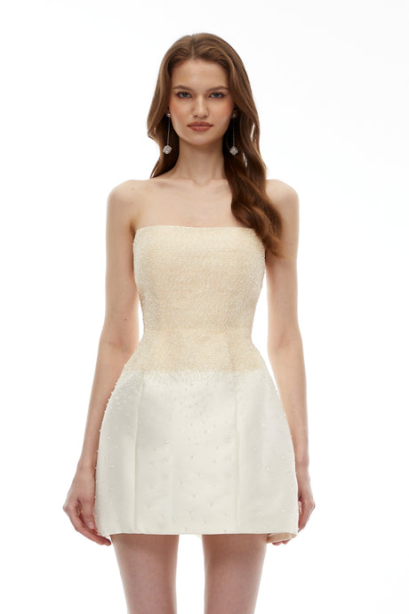 Aurohaya Rocía Champagne Off Shoulder Mini Dress