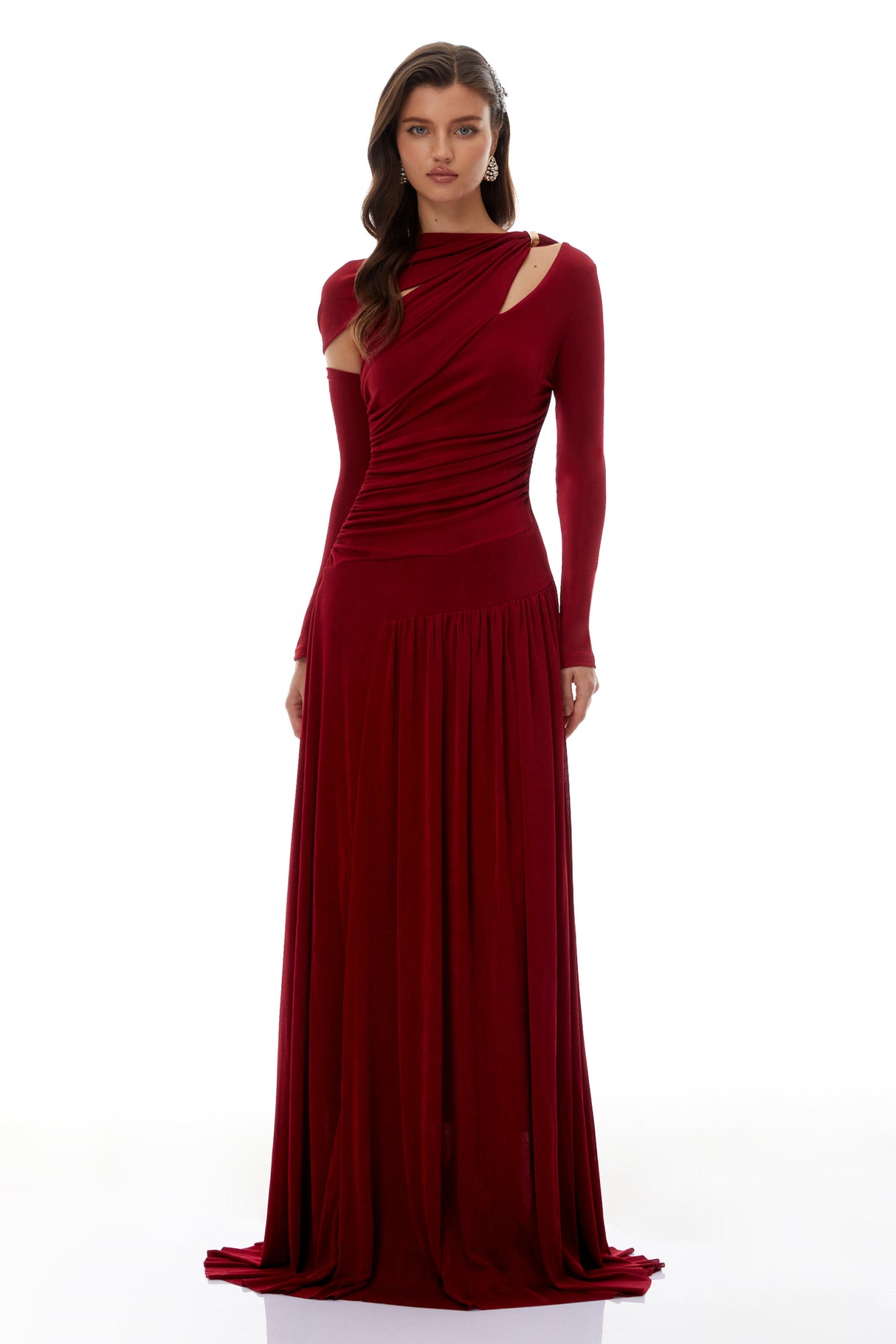 Aurohaya Rolf Red Cut-Out Ruched Maxi Dress