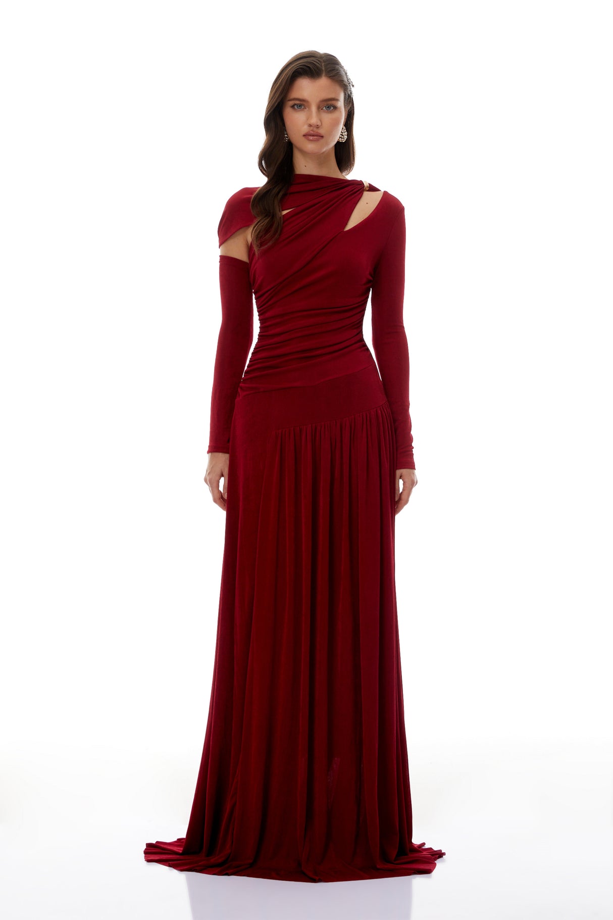 Aurohaya Rolf Red Cut-Out Ruched Maxi Dress