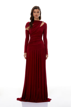 Aurohaya Rolf Red Cut-Out Ruched Maxi Dress