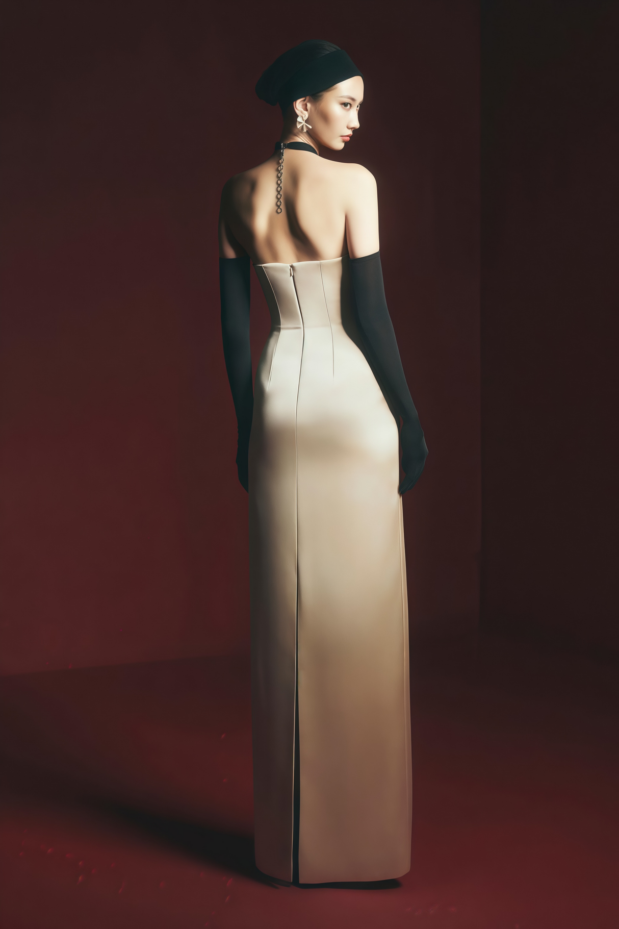 Aurohaya Ronit Champagne Satin Maxi Dress with Tulle Panels