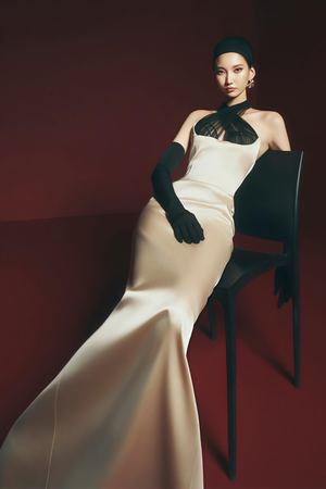 Aurohaya Ronit Champagne Satin Maxi Dress with Tulle Panels