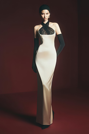 Aurohaya Ronit Champagne Satin Maxi Dress with Tulle Panels