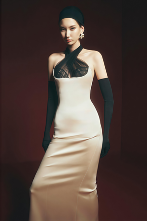 Aurohaya Ronit Champagne Satin Maxi Dress with Tulle Panels