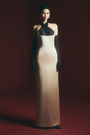 Aurohaya Ronit Champagne Satin Maxi Dress with Tulle Panels