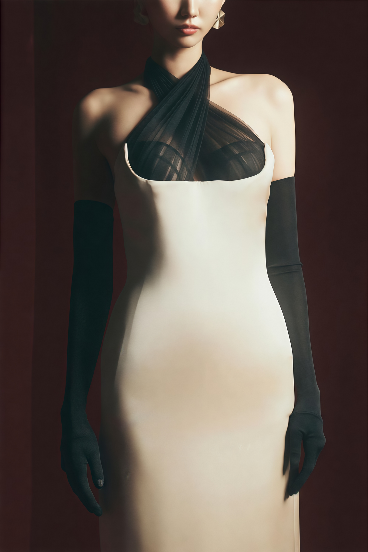 Aurohaya Ronit Champagne Satin Maxi Dress with Tulle Panels