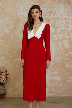 Aurohaya Rorie Red Double-Breasted Blazer Midi Dress