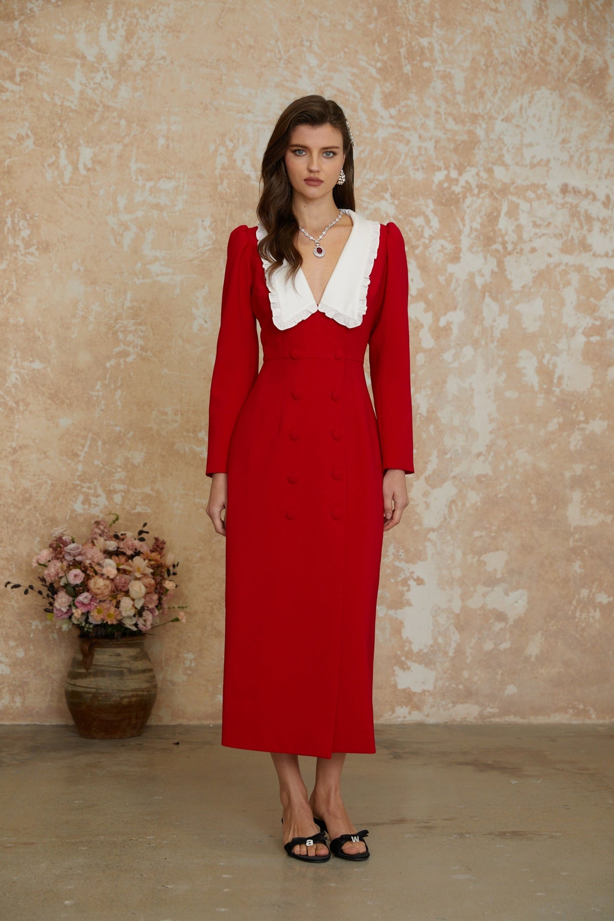 Aurohaya Rorie Red Double-Breasted Blazer Midi Dress