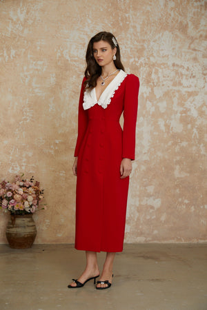 Aurohaya Rorie Red Double-Breasted Blazer Midi Dress