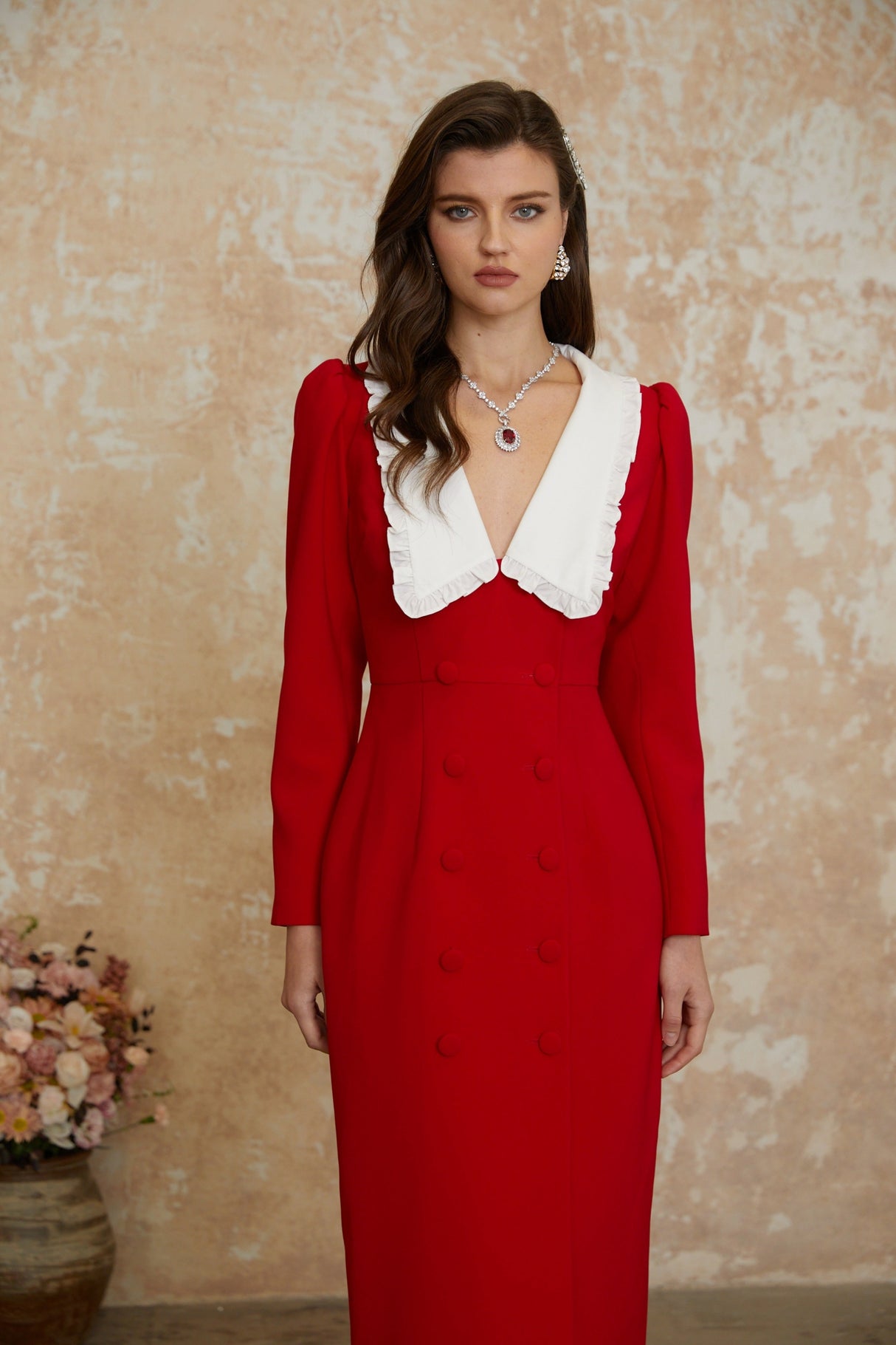 Aurohaya Rorie Red Double-Breasted Blazer Midi Dress