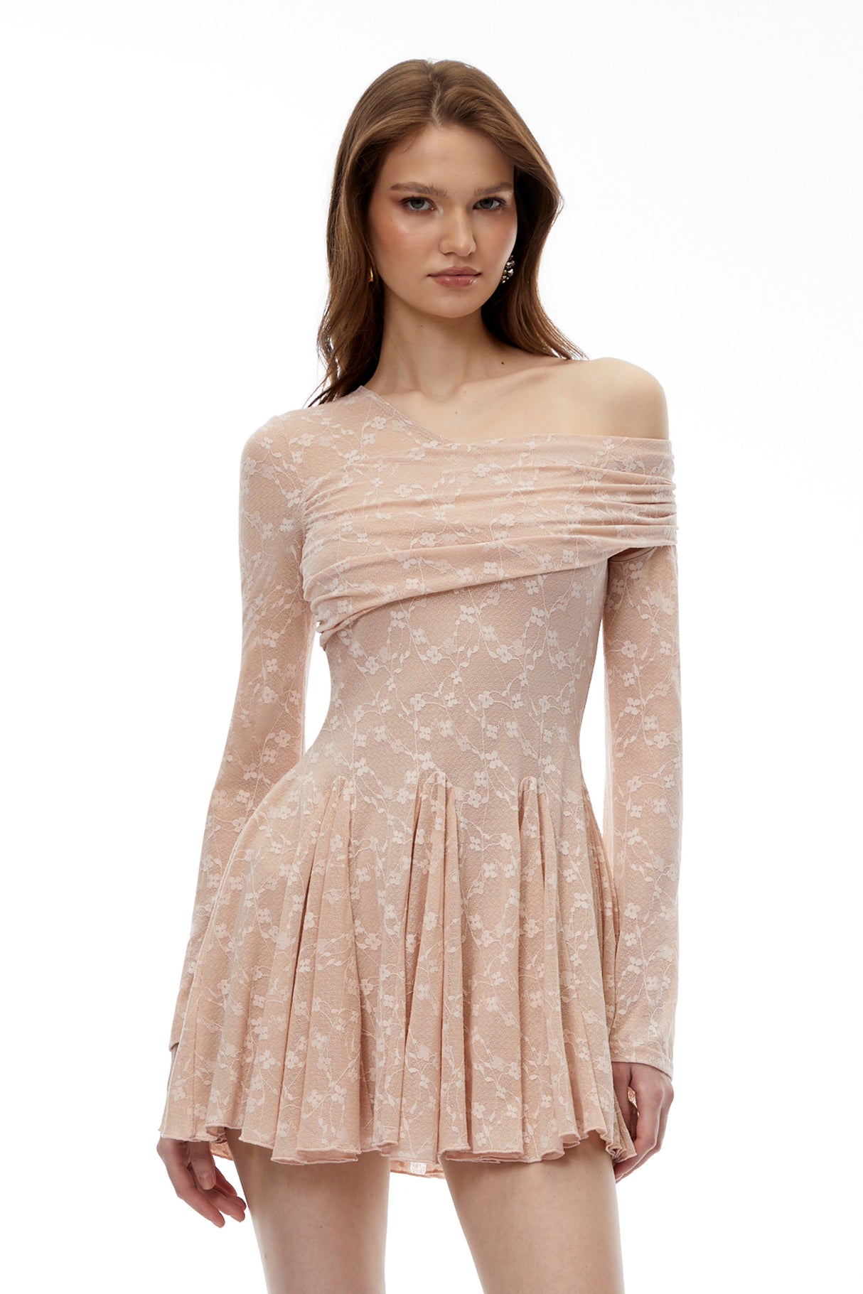 Aurohaya Rosalie Neutral One Shoulder Pleated Mini Dress