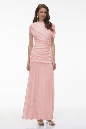 Aurohaya Rosalyn Pink Crew Neck Ruched Maxi Dress