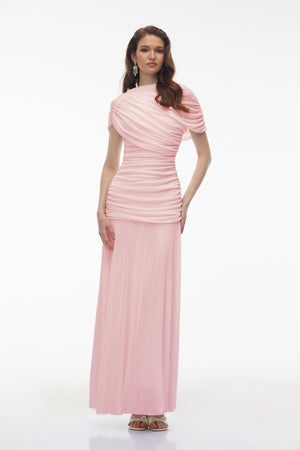 Aurohaya Rosalyn Pink Crew Neck Ruched Maxi Dress