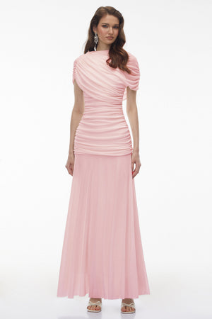 Aurohaya Rosalyn Pink Crew Neck Ruched Maxi Dress