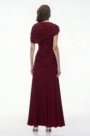 Aurohaya Rosalyn Red Crew Neck Ruched Maxi Dress