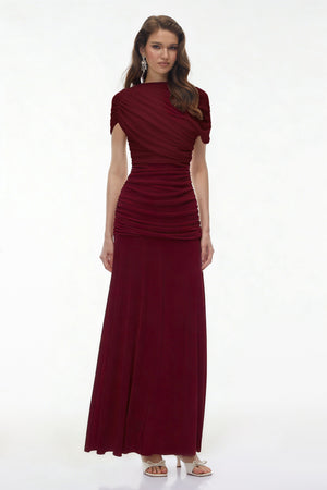 Aurohaya Rosalyn Red Crew Neck Ruched Maxi Dress