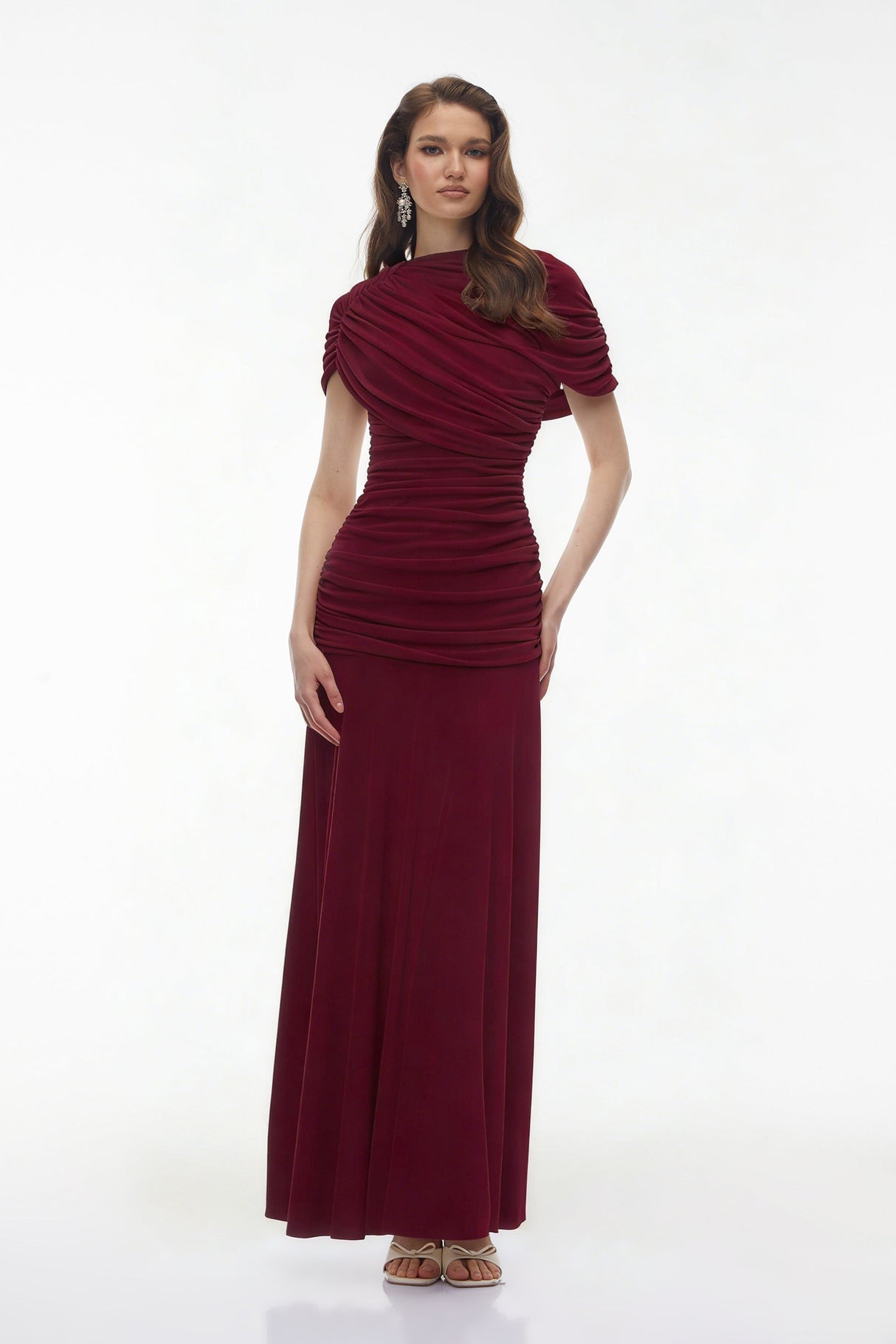 Aurohaya Rosalyn Red Crew Neck Ruched Maxi Dress