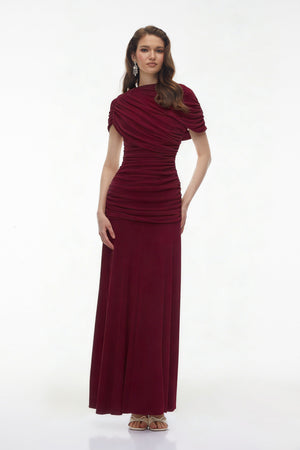 Aurohaya Rosalyn Red Crew Neck Ruched Maxi Dress
