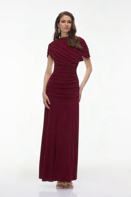 Aurohaya Rosalyn Red Crew Neck Ruched Maxi Dress