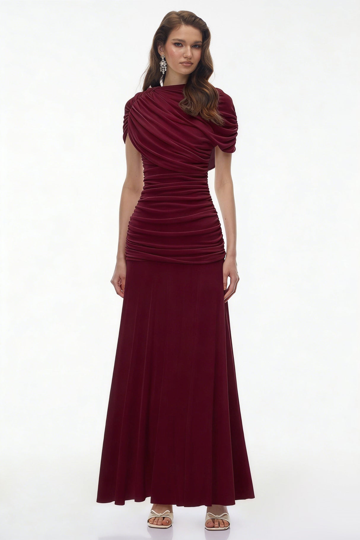 Aurohaya Rosalyn Red Crew Neck Ruched Maxi Dress