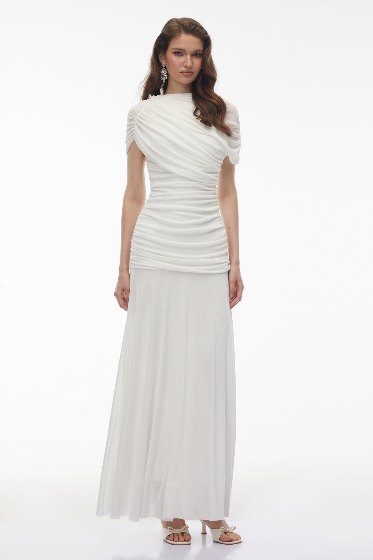 Aurohaya Rosalyn White Crew Neck Ruched Maxi Dress